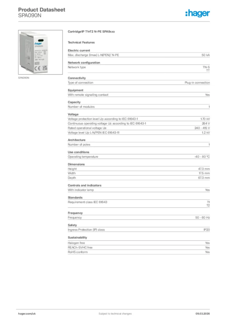 Image Hager Product data sheet SPA090N  | Hager