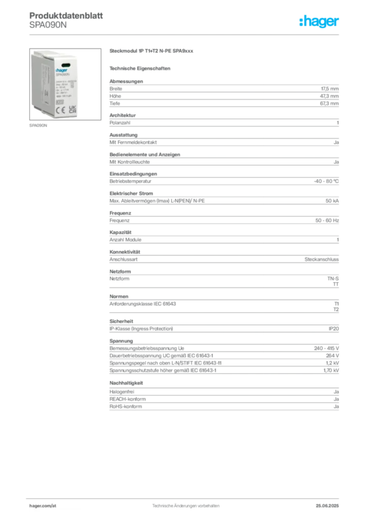 Bild Hager Produktdatenblatt SPA090N | Hager Deutschland