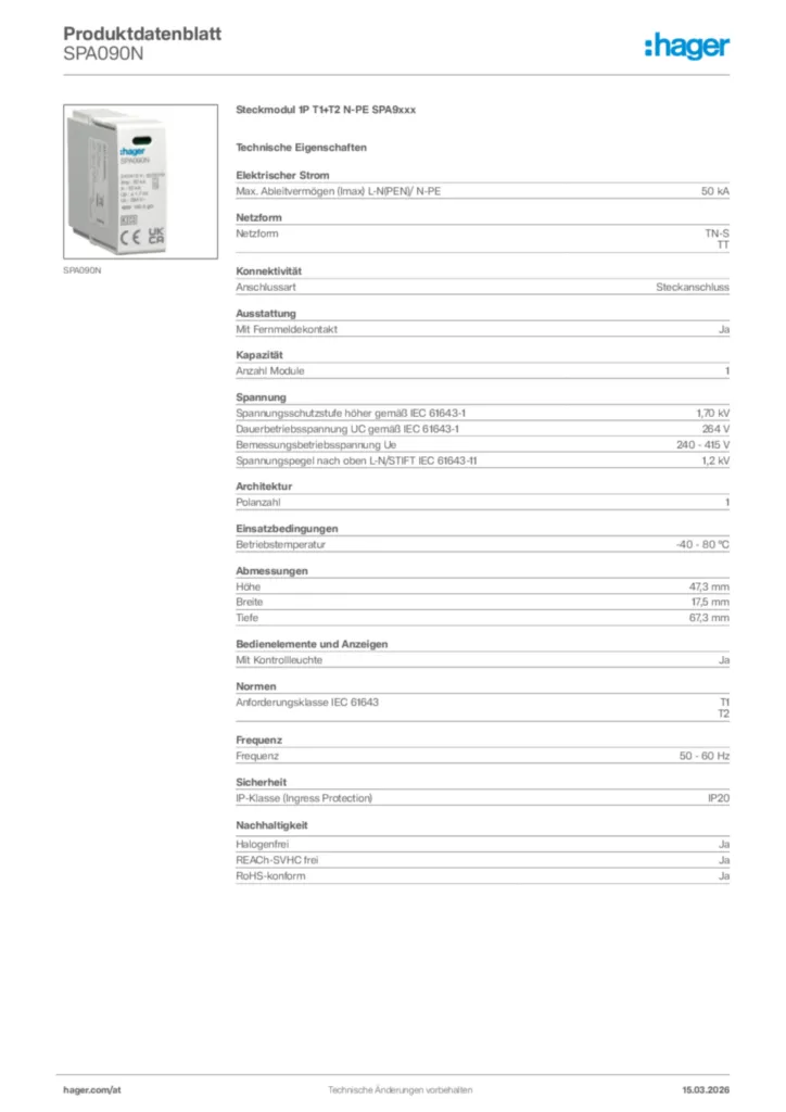 Bild Hager Produktdatenblatt SPA090N | Hager Deutschland