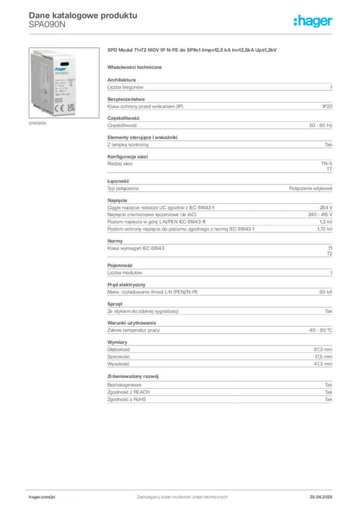 Zdjęcie Hager Karta katalogowa SPA090N | Hager Polska