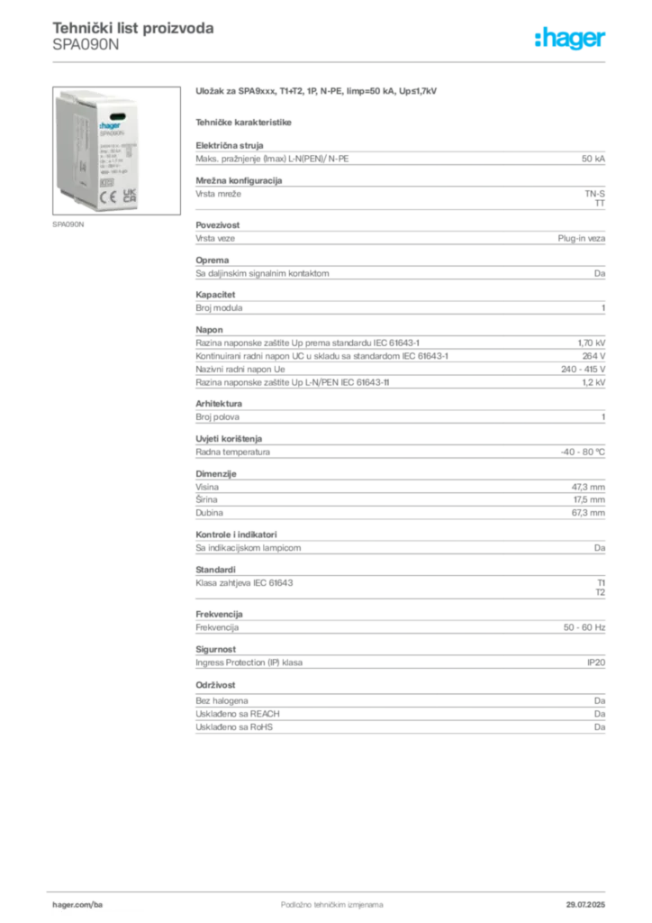 Slika Hager Product data sheet SPA090N  | Hager