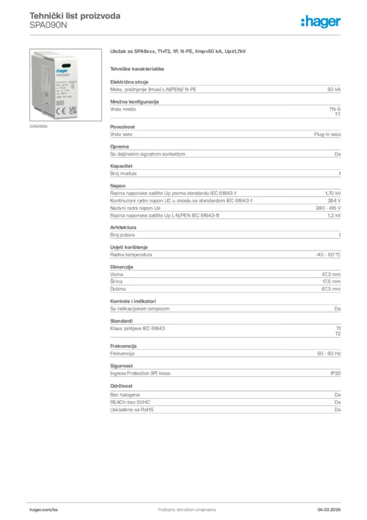 Slika Hager Tehnički list proizvoda SPA090N  | Hager