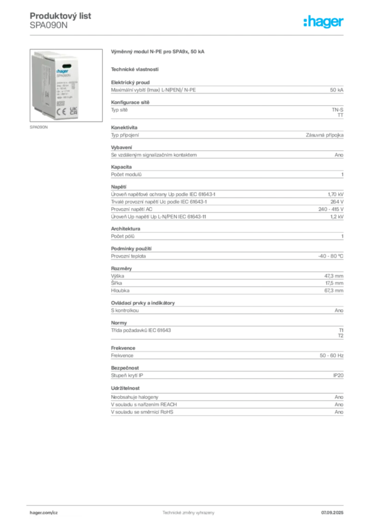 Obrázek Hager Produktový list SPA090N | Hager