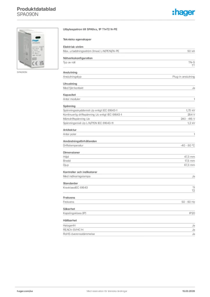 Bild Hager Produktdatablad SPA090N | Hager Sverige