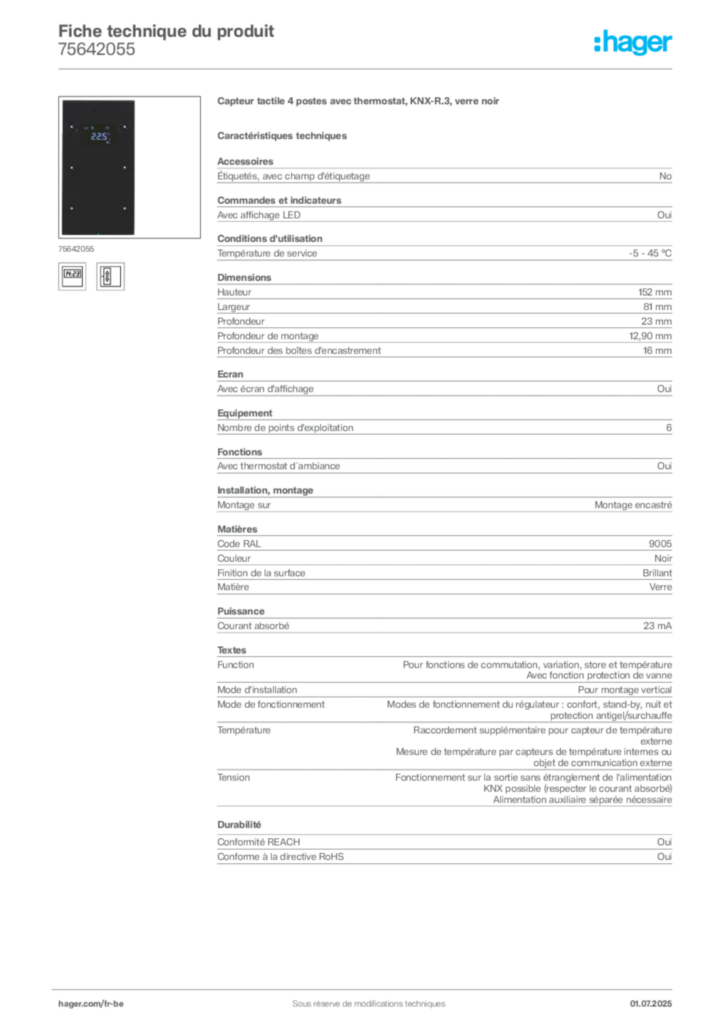 Image Hager Fiche technique du produit 75642055 | Hager Belgique