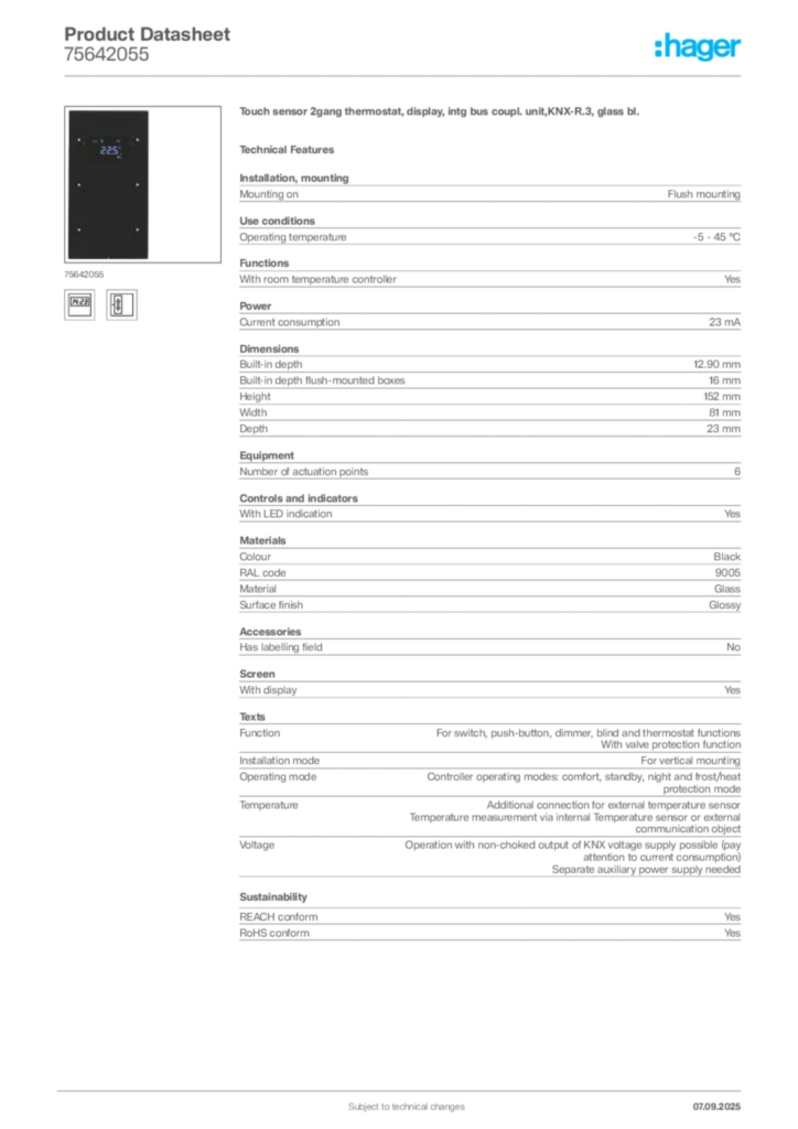 Image Hager Product data sheet 75642055  | Hager