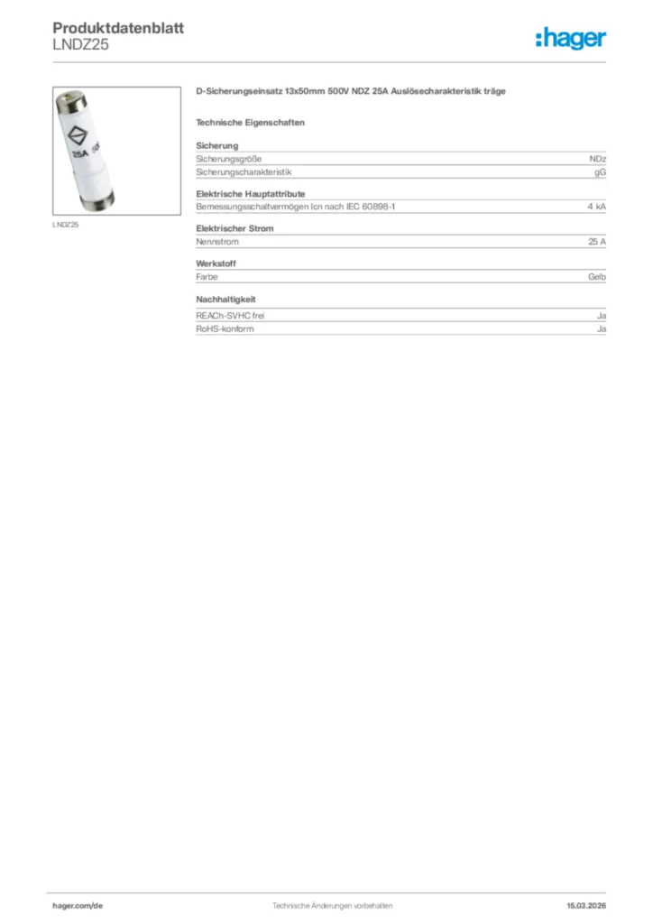 Bild Hager Produktdatenblatt LNDZ25 | Hager Deutschland