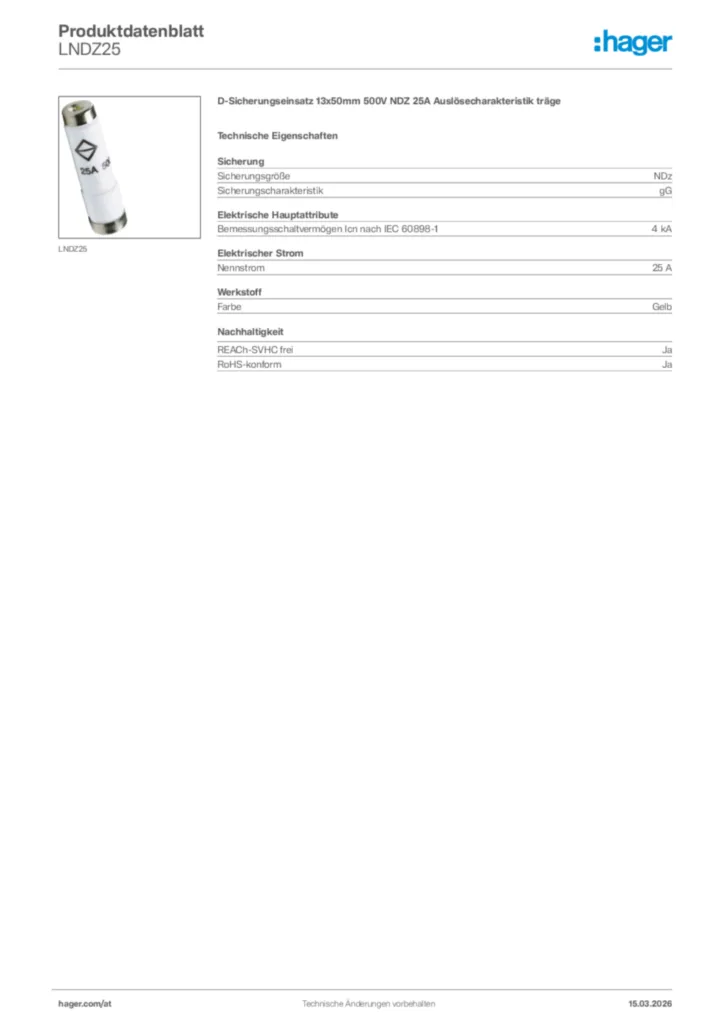 Bild Hager Produktdatenblatt LNDZ25 | Hager Deutschland