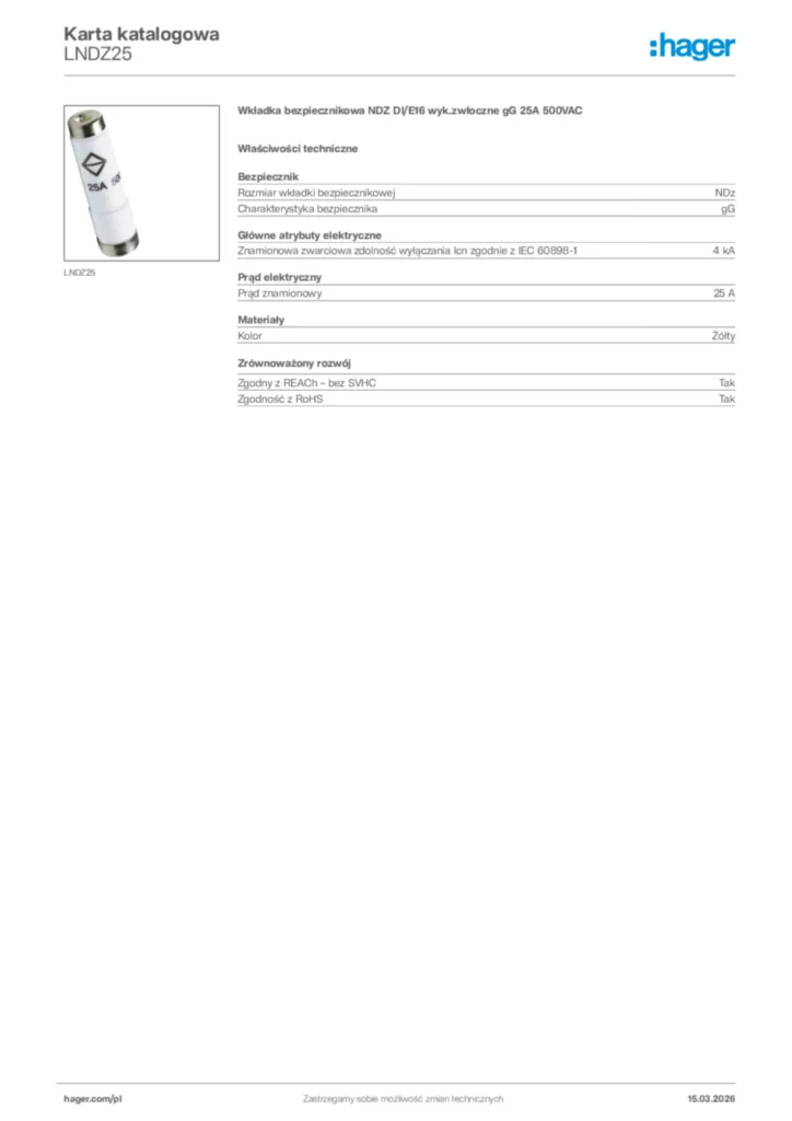 Zdjęcie Hager Karta katalogowa LNDZ25 | Hager Polska