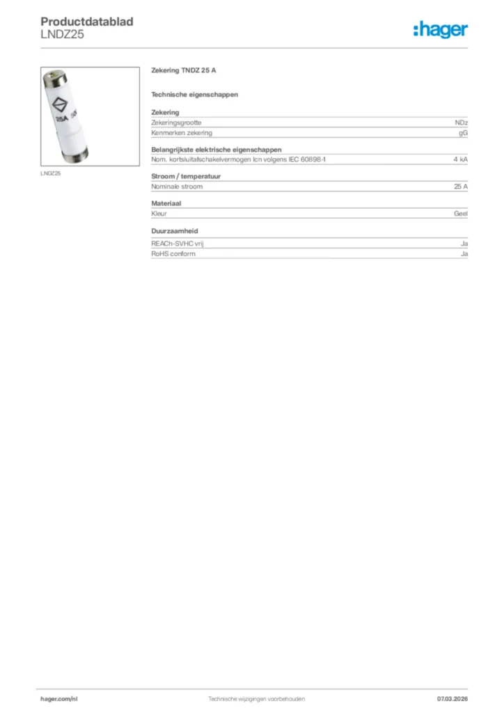 Afbeelding Hager Productdatablad LNDZ25 | Hager Nederland