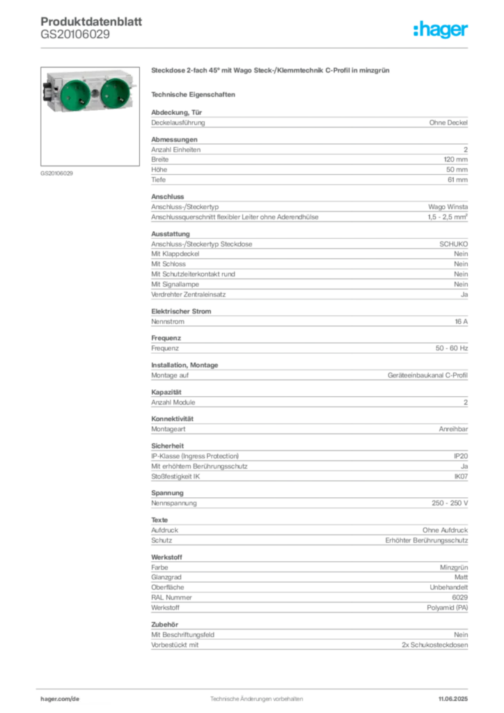 Bild Hager Produktdatenblatt GS20106029 | Hager Deutschland