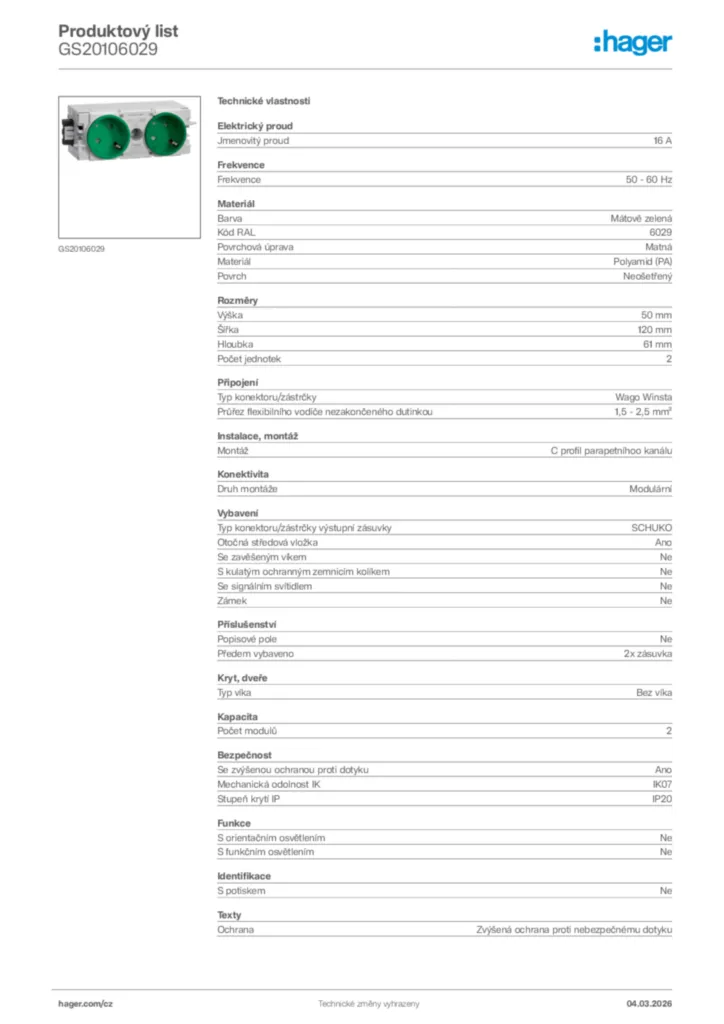 Obrázek Hager Product data sheet GS20106029 | Hager