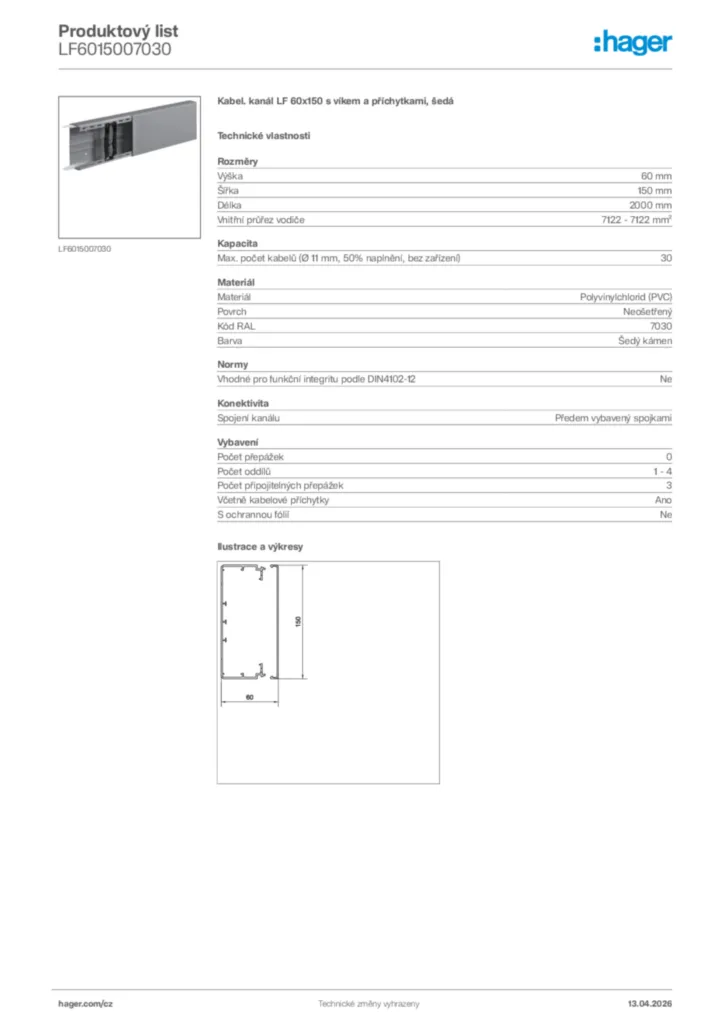 Obrázek Hager Product data sheet LF6015007030 | Hager
