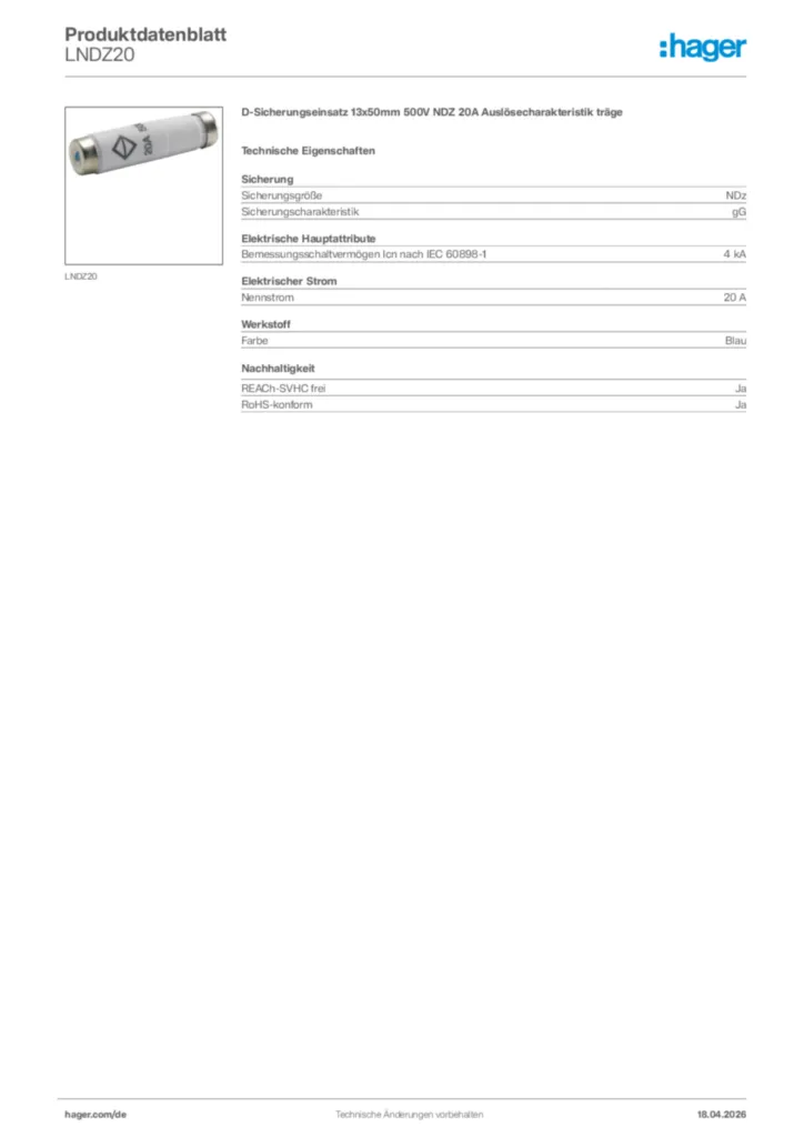 Bild Hager Produktdatenblatt LNDZ20 | Hager Deutschland