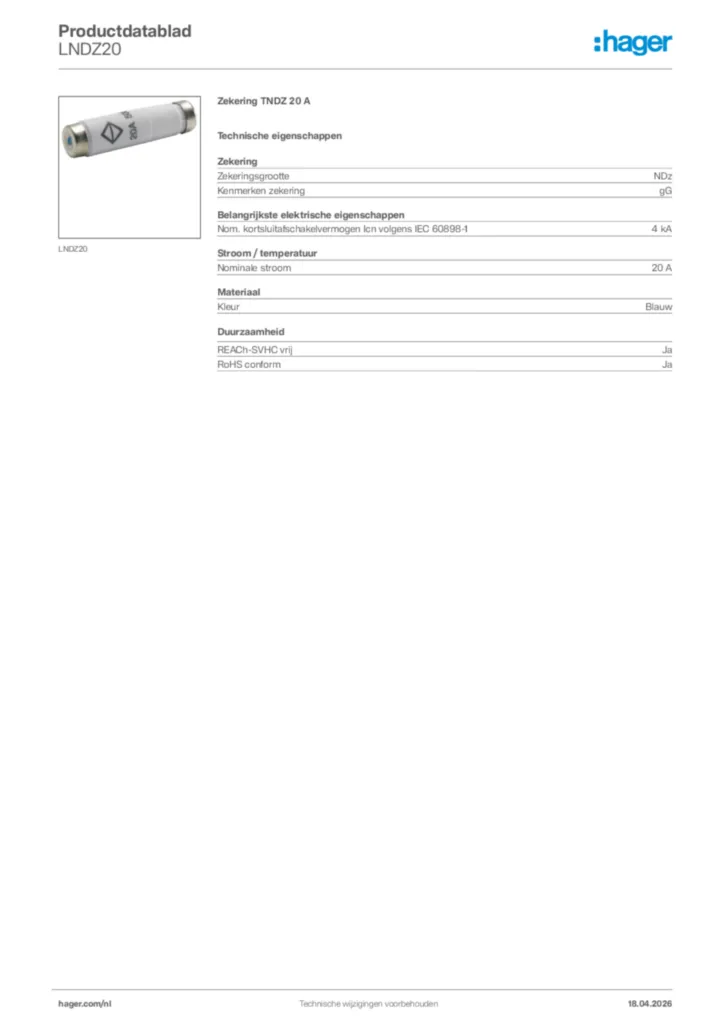 Afbeelding Hager Productdatablad LNDZ20 | Hager Nederland
