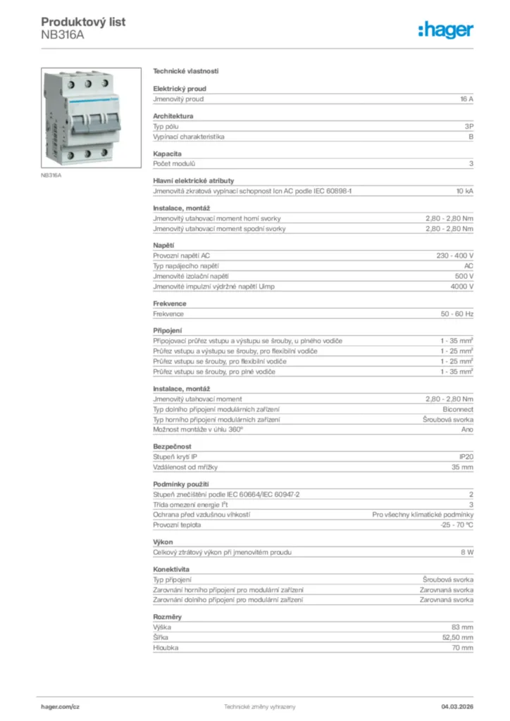 Obrázek Hager Product data sheet NB316A | Hager