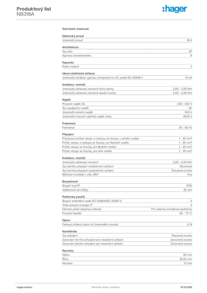 Obrázek Hager Produktový list NB316A | Hager