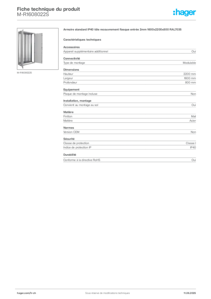 Image Hager Fiche technique du produit M-R1608022S | Hager Suisse