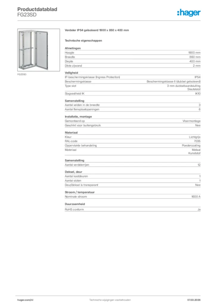 Afbeelding Hager Productdatablad FG23SD | Hager Nederland