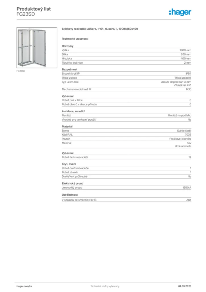 Obrázek Hager Product data sheet FG23SD | Hager