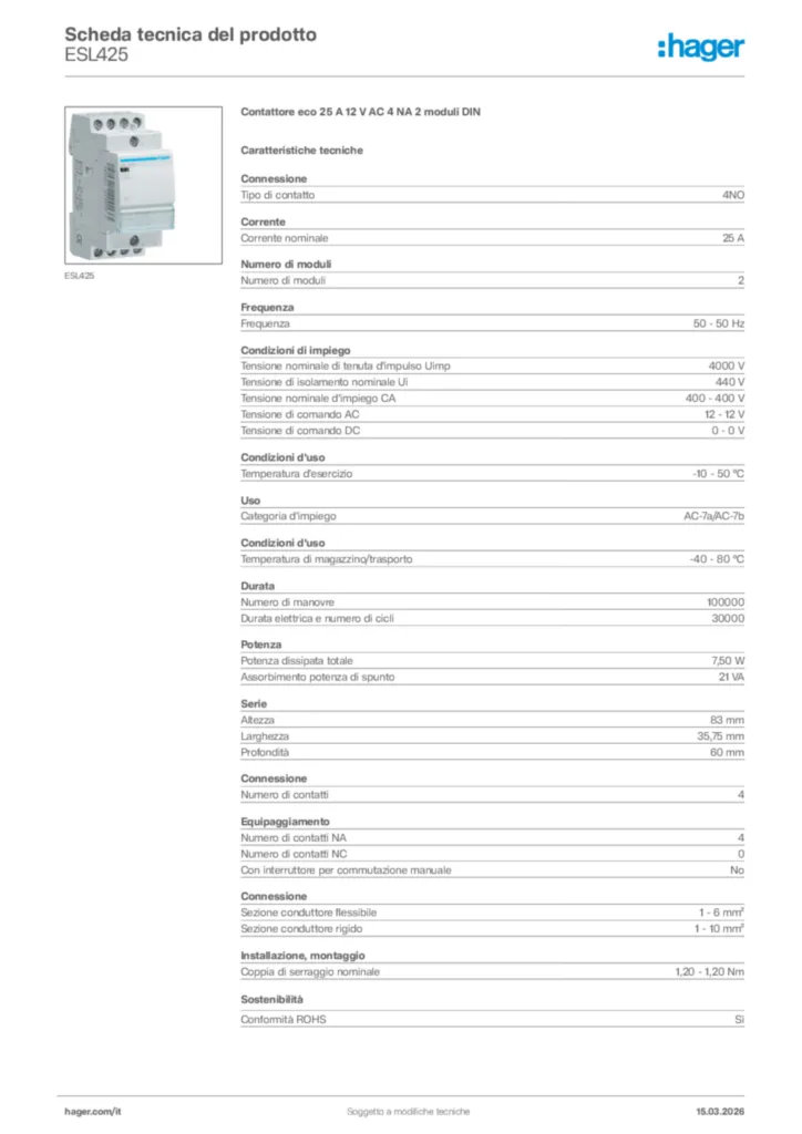 Immagine Hager Scheda tecnica del prodotto ESL425 | Hager Italia