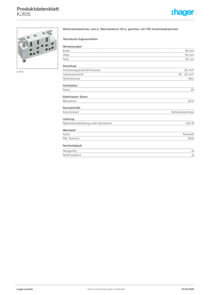 Bild Hager Produktdatenblatt KJ10S | Hager Deutschland