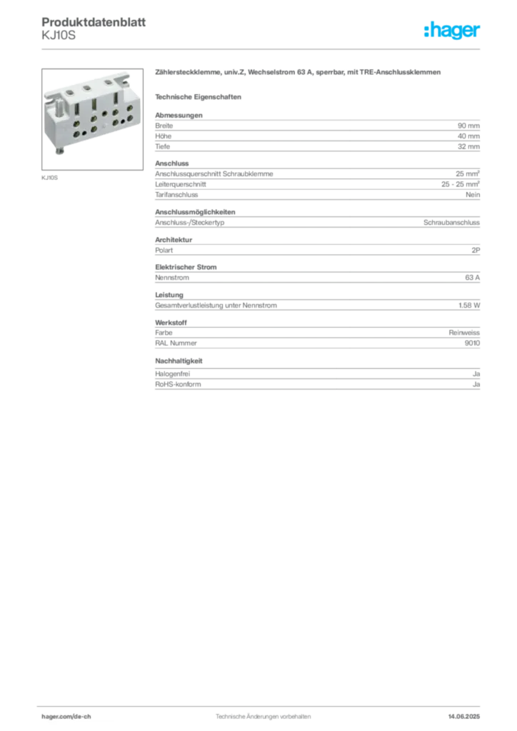 Bild Hager Produktdatenblatt KJ10S | Hager Schweiz
