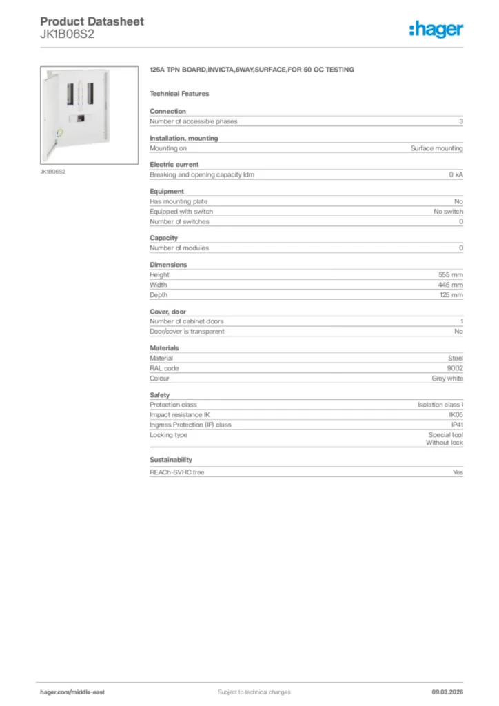Image Hager Product data sheet JK1B06S2  | Hager
