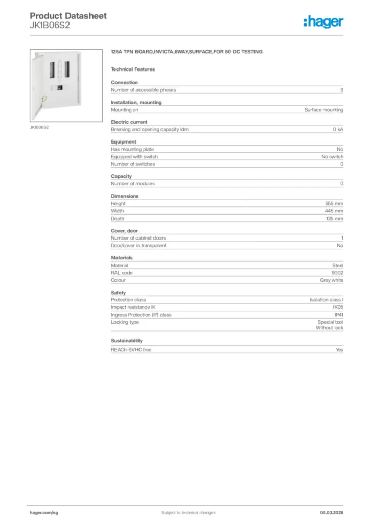Image Hager Product data sheet JK1B06S2  | Hager