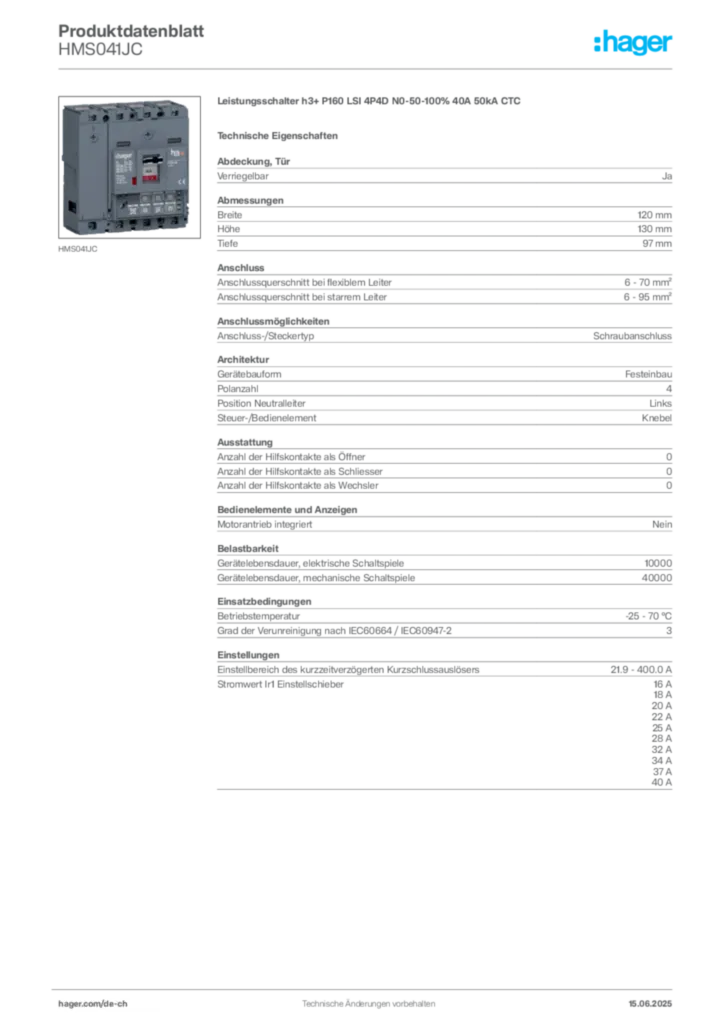 Bild Hager Produktdatenblatt HMS041JC | Hager Schweiz