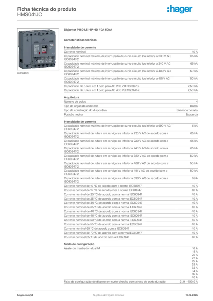 Imagem Hager Ficha técnica do produto HMS041JC | Hager Portugal