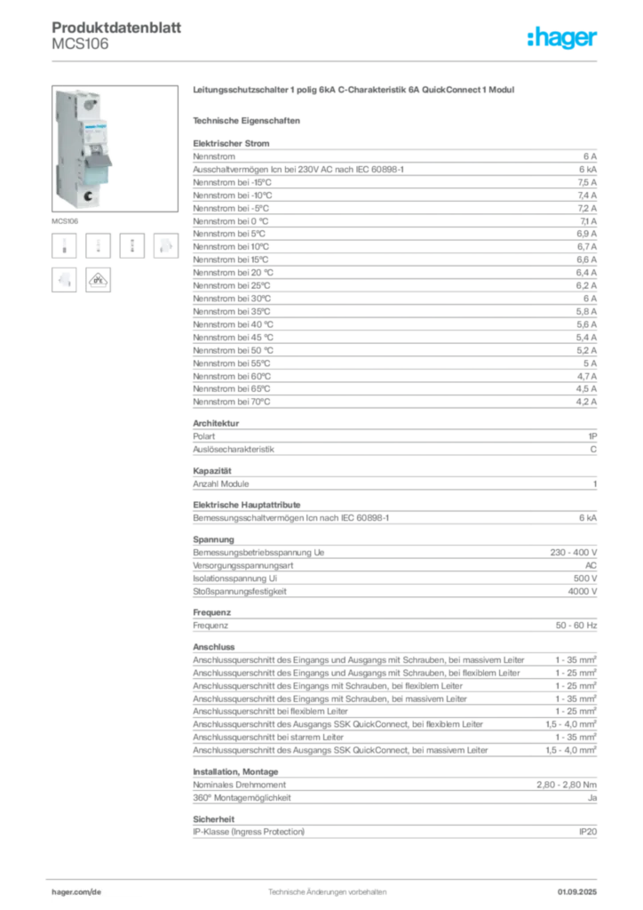 Hager Produktdatenblatt MCS106
