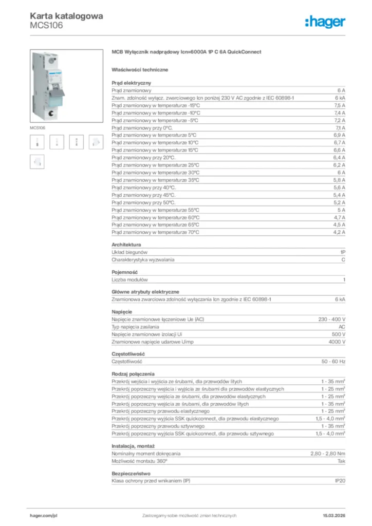Zdjęcie Hager Karta katalogowa MCS106 | Hager Polska