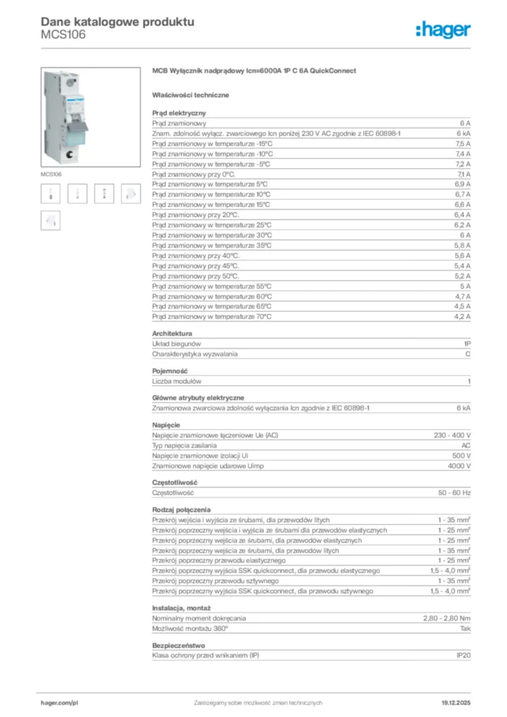 Zdjęcie Hager Karta katalogowa MCS106 | Hager Polska