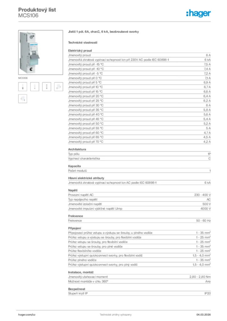 Obrázek Hager Product data sheet MCS106 | Hager