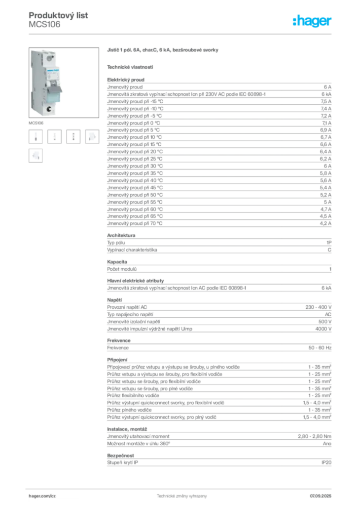 Obrázek Hager Produktový list MCS106 | Hager