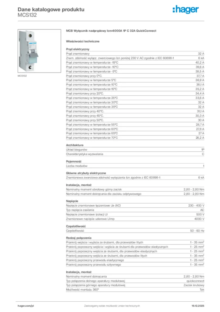 Zdjęcie Hager Karta katalogowa MCS132 | Hager Polska