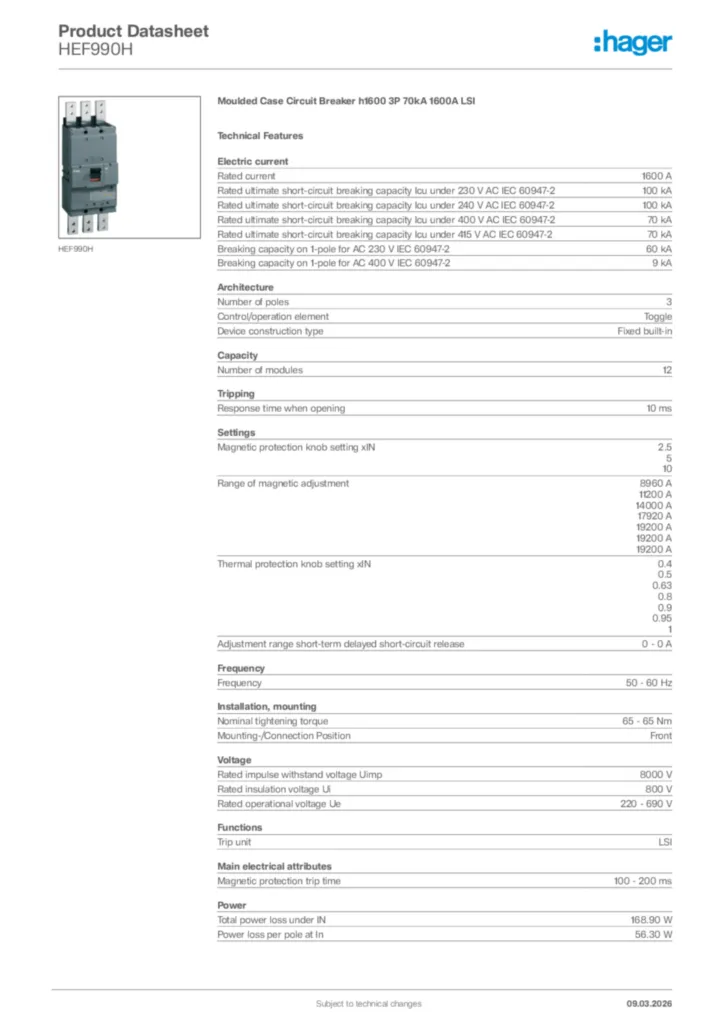 Image Hager Product data sheet HEF990H  | Hager Africa