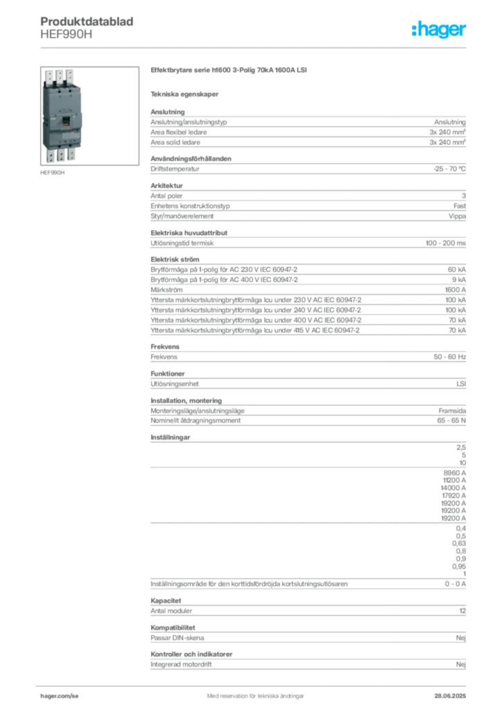 Bild Hager Produktdatablad HEF990H | Hager Sverige