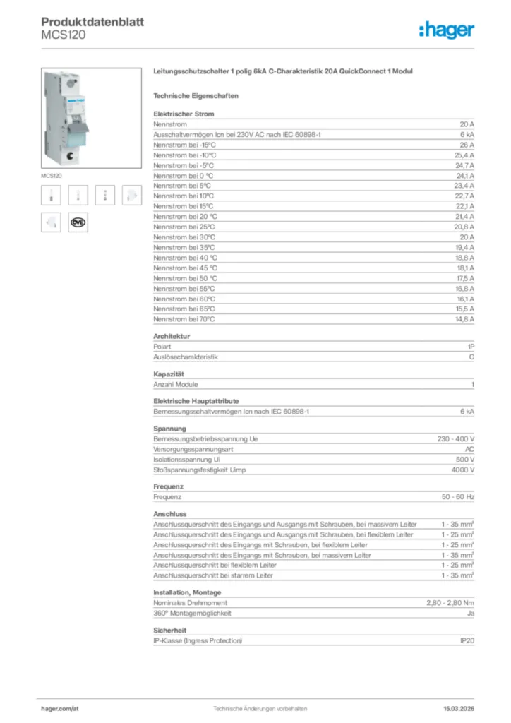 Bild Hager Produktdatenblatt MCS120 | Hager Deutschland