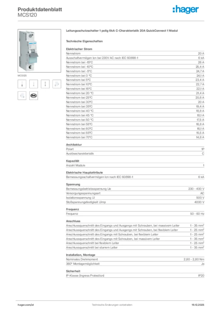 Bild Hager Produktdatenblatt MCS120 | Hager Deutschland