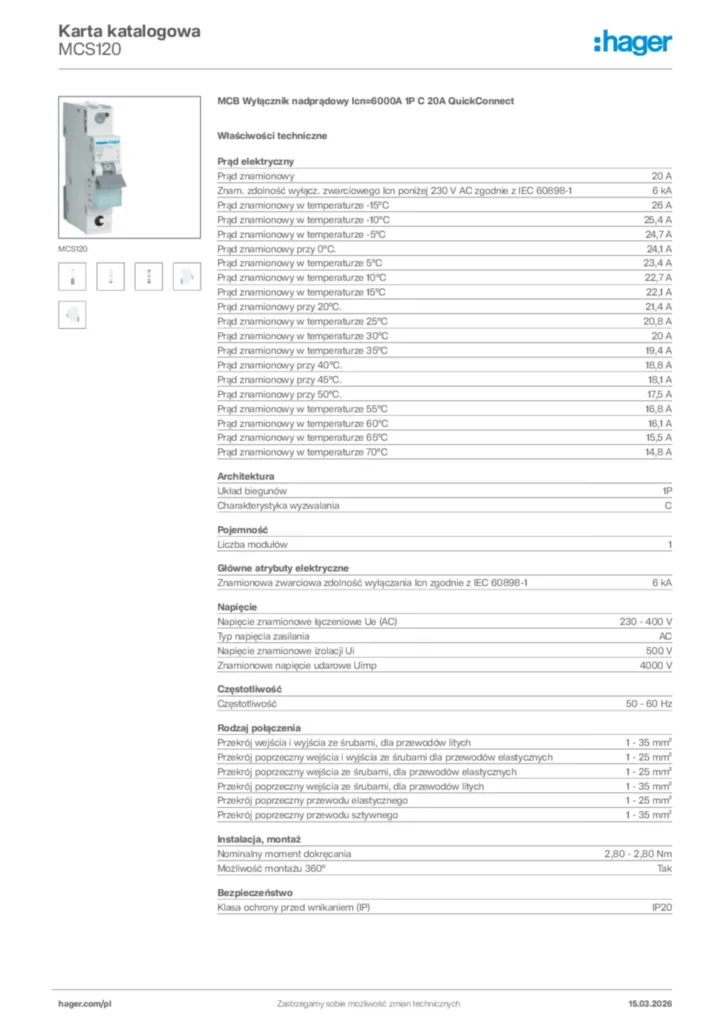 Zdjęcie Hager Karta katalogowa MCS120 | Hager Polska