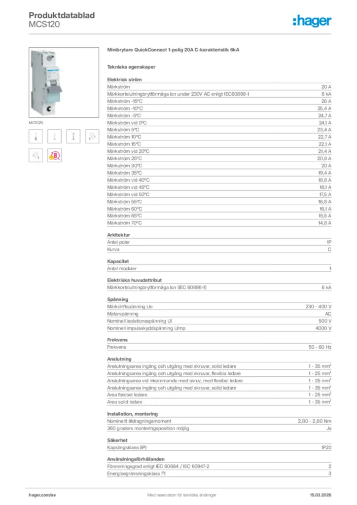 Bild Hager Produktdatablad MCS120 | Hager Sverige