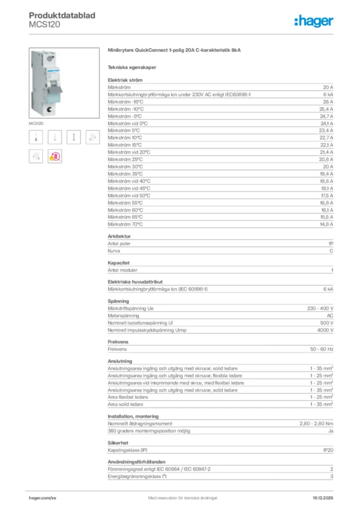 Bild Hager Produktdatablad MCS120 | Hager Sverige
