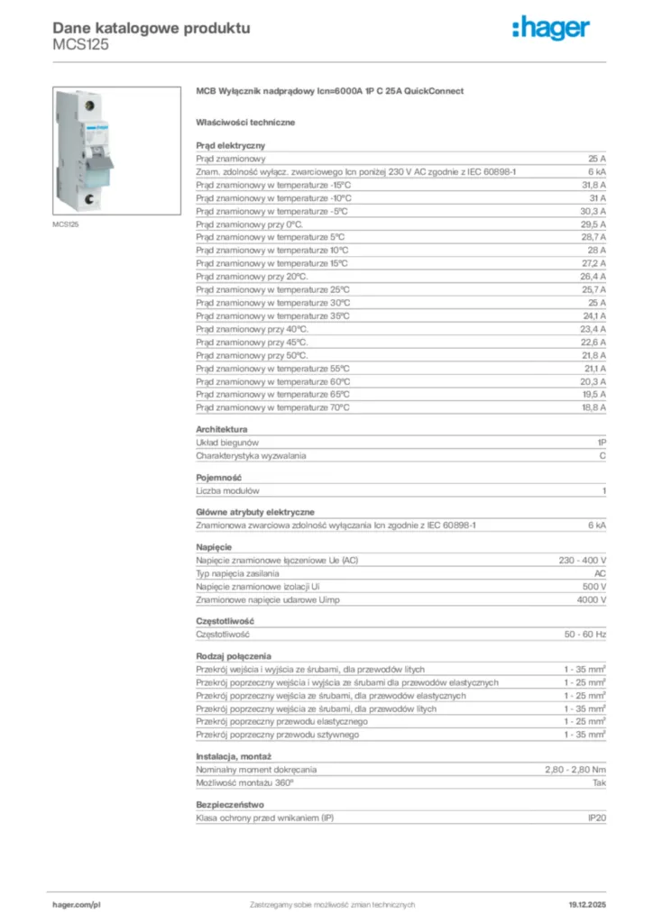 Zdjęcie Hager Karta katalogowa MCS125 | Hager Polska