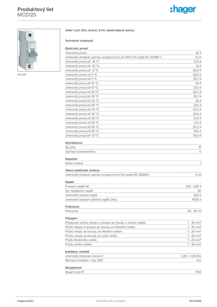 Obrázek Hager Produktový list MCS125 | Hager