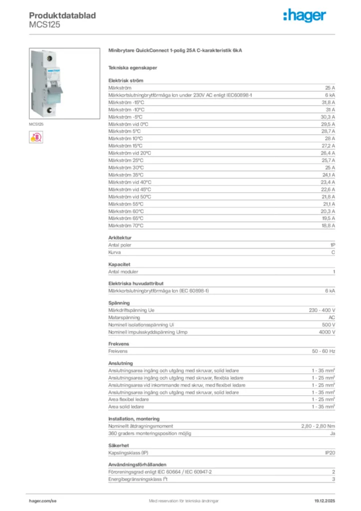 Bild Hager Produktdatablad MCS125 | Hager Sverige