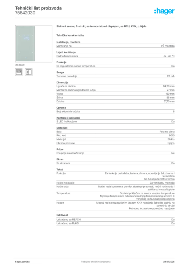 Slika Hager Product data sheet 75642030  | Hager