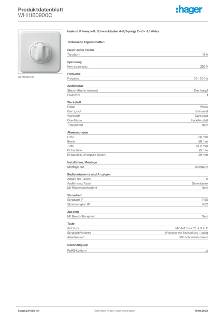 Bild Hager Produktdatenblatt WH11180900C | Hager Schweiz