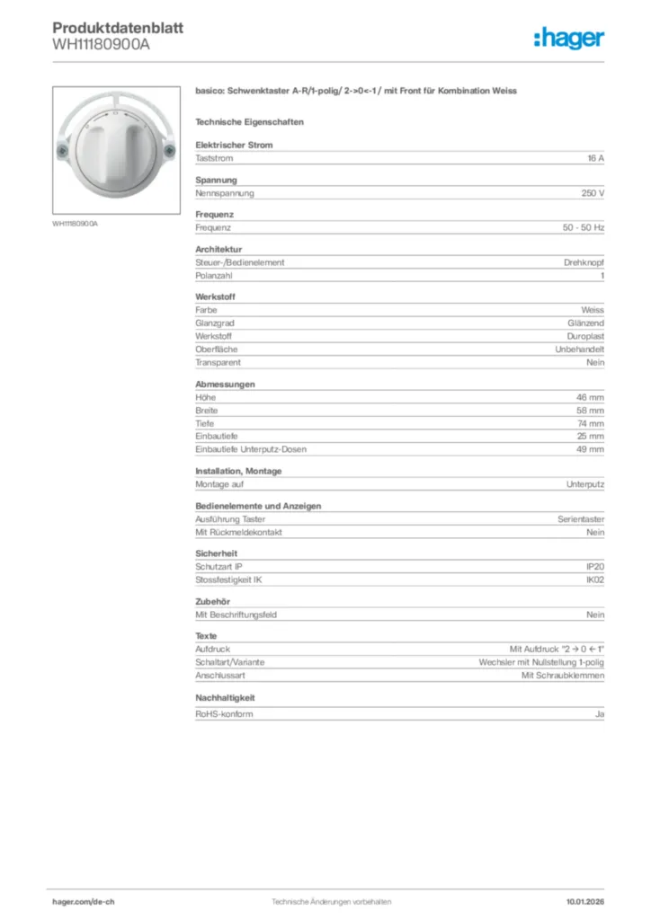 Bild Hager Produktdatenblatt WH11180900A | Hager Schweiz